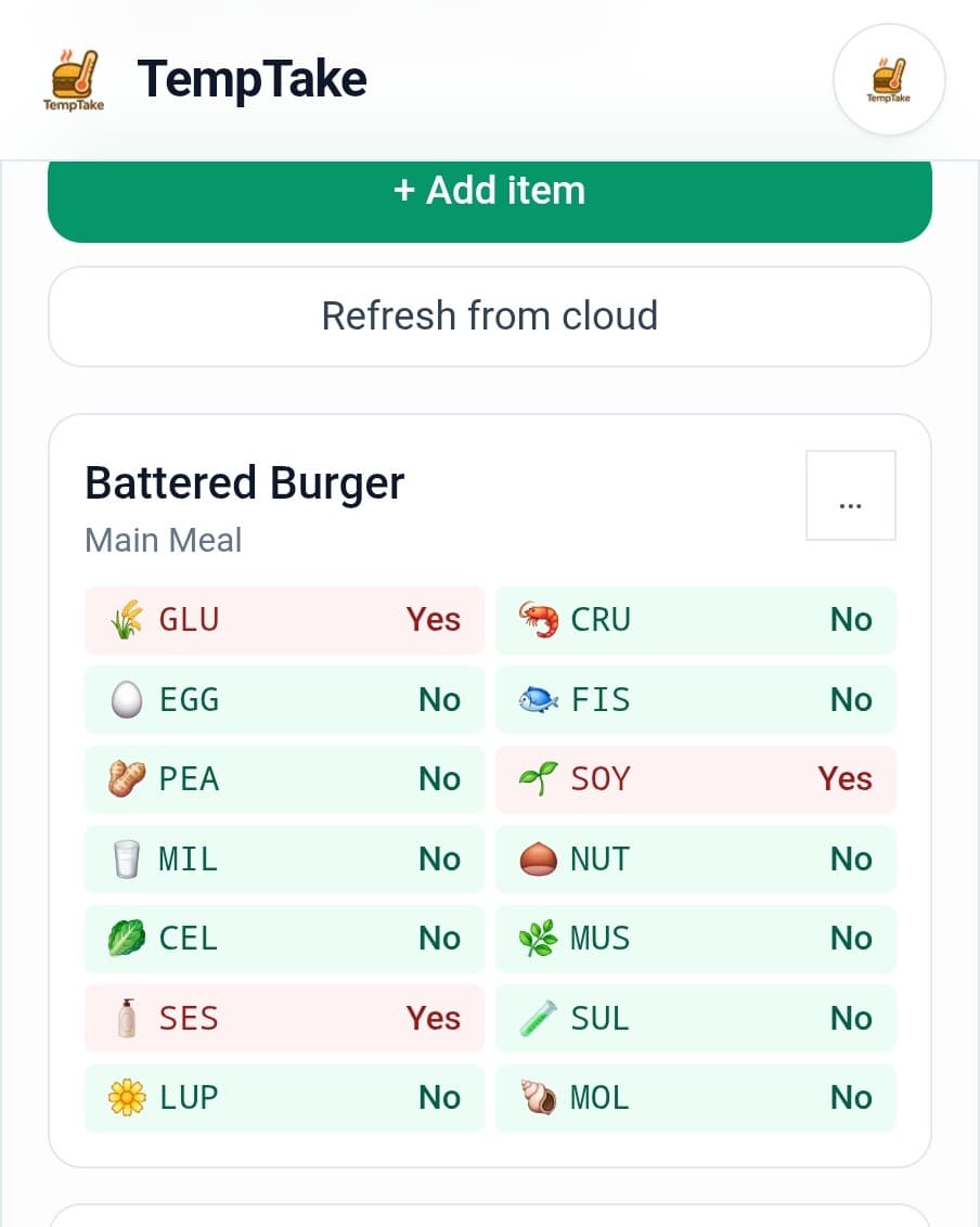 TempTake food hygiene app allergen matrix screen