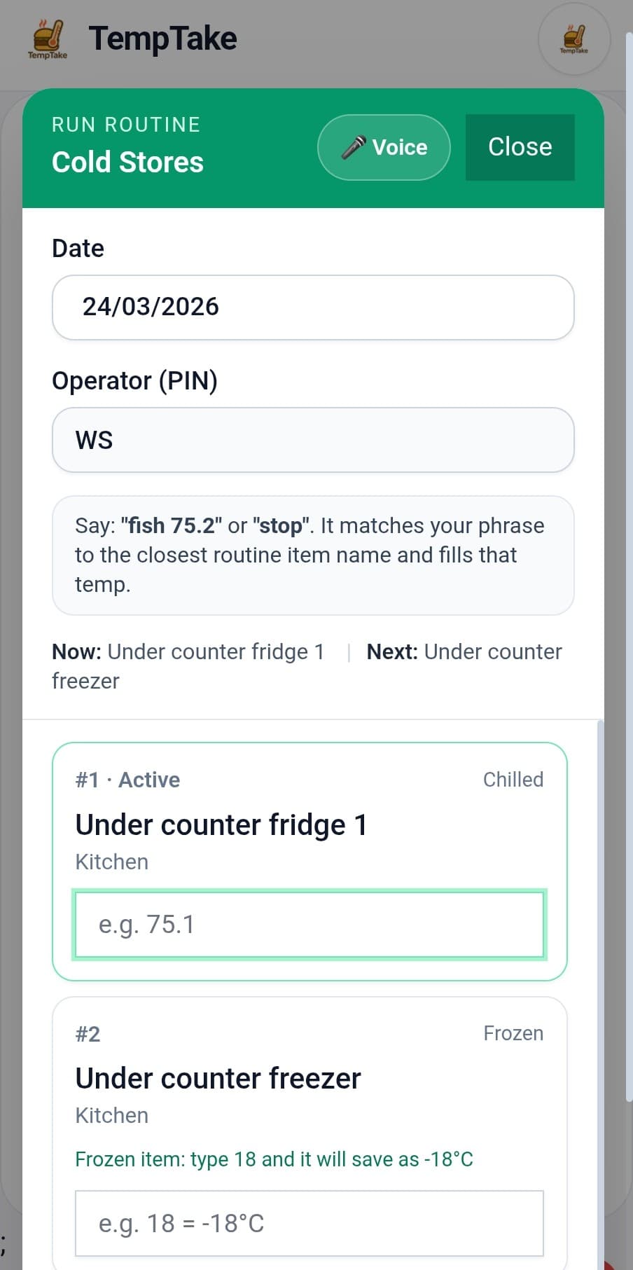 TempTake food hygiene app temperature logging screen